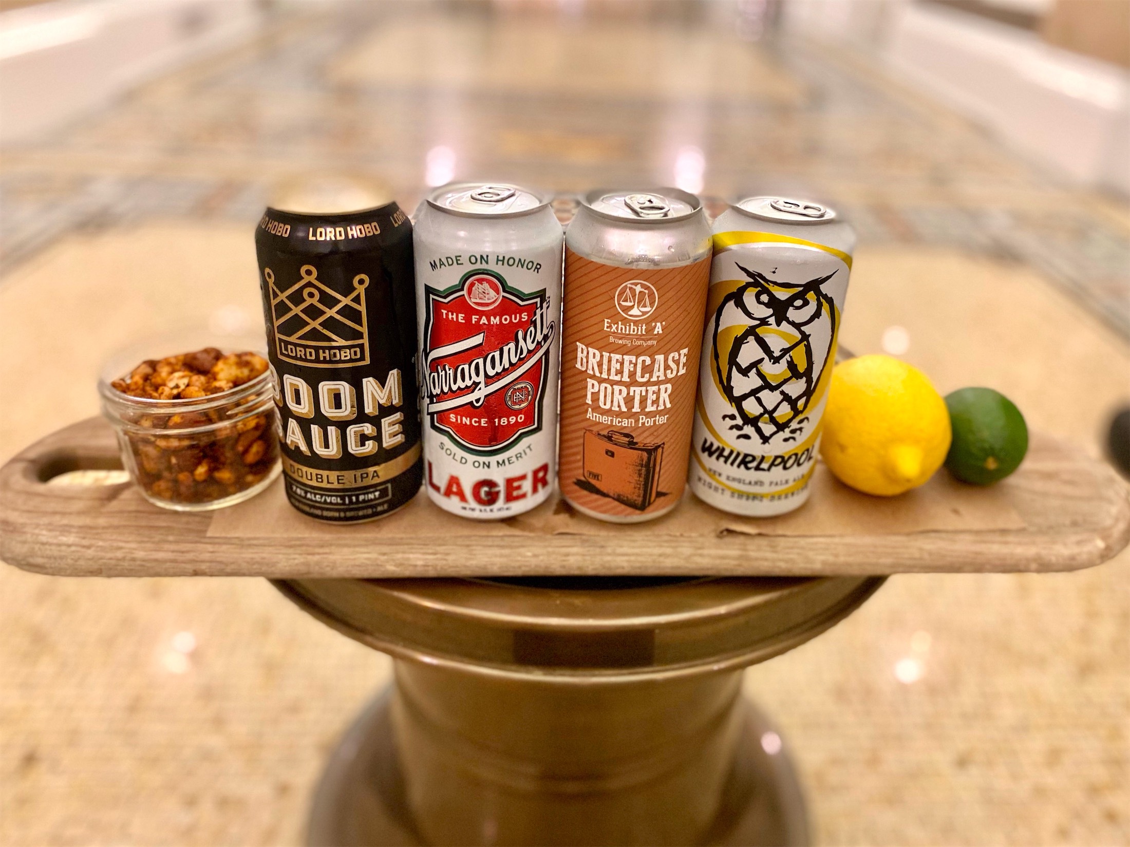 wooden tray with tell beer cans