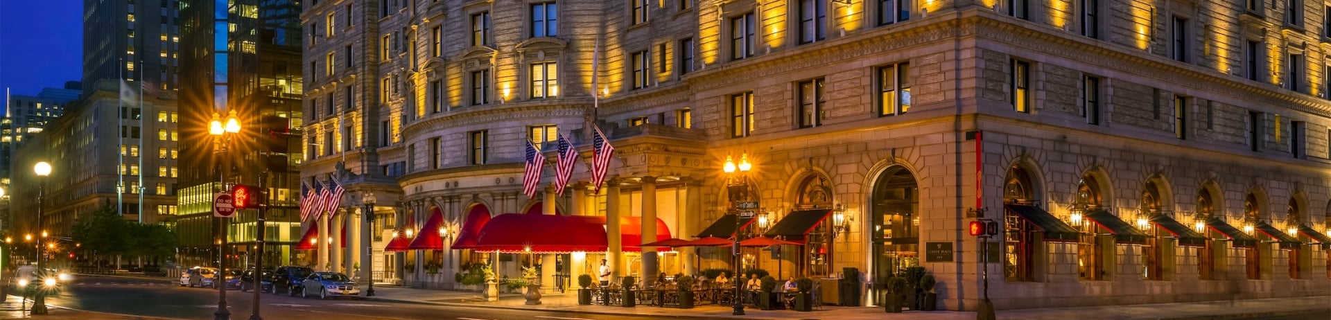 exterior shot of the entrance at copley plaza at night