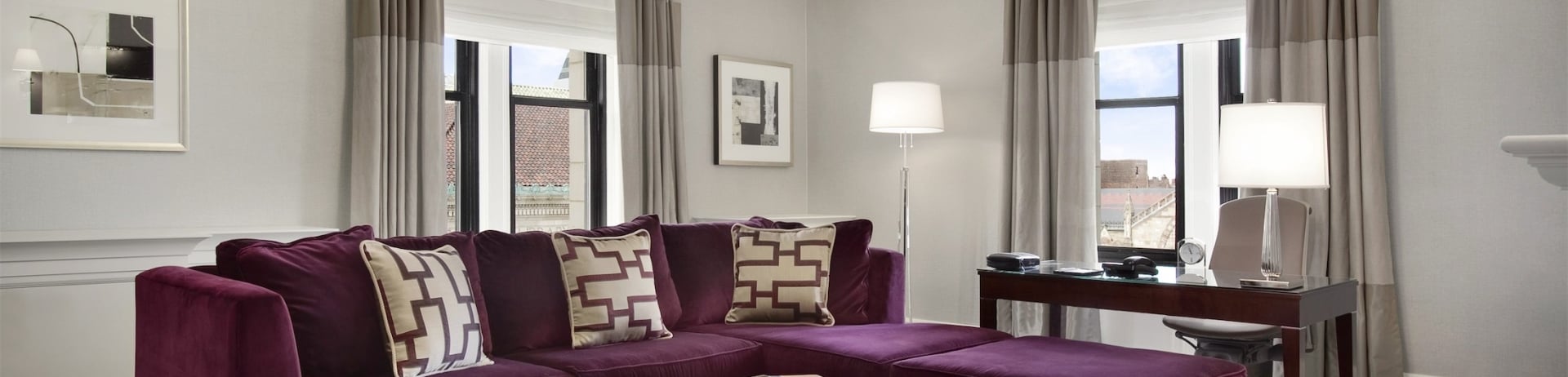 living room with purple sectional