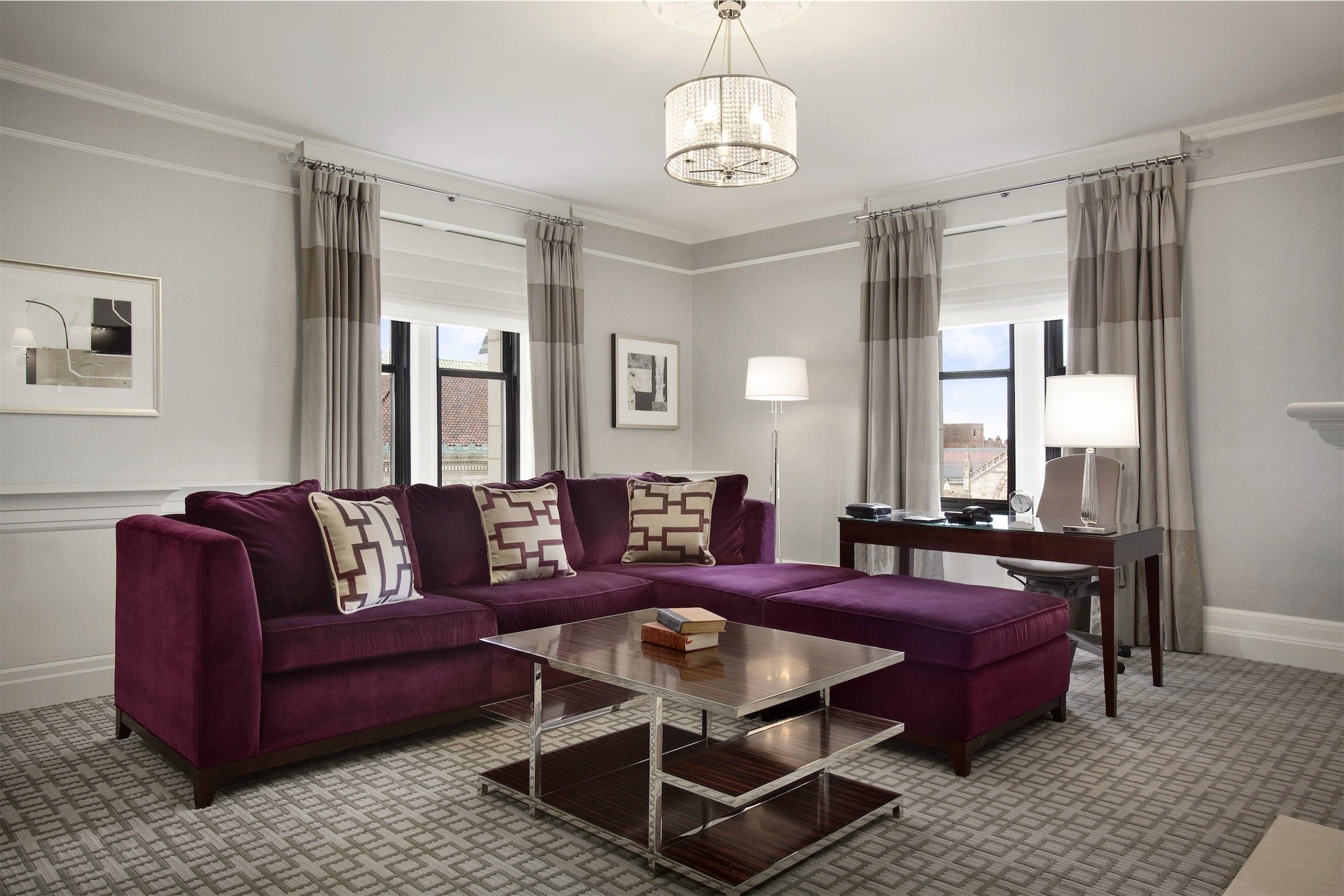 living room with purple sectional