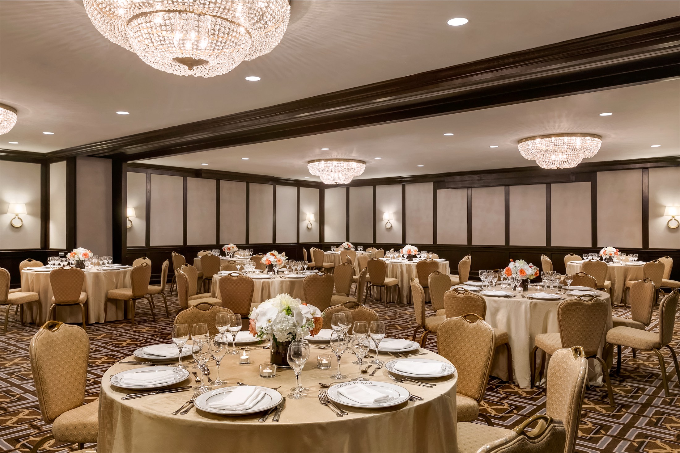 meeting room set up with round tables