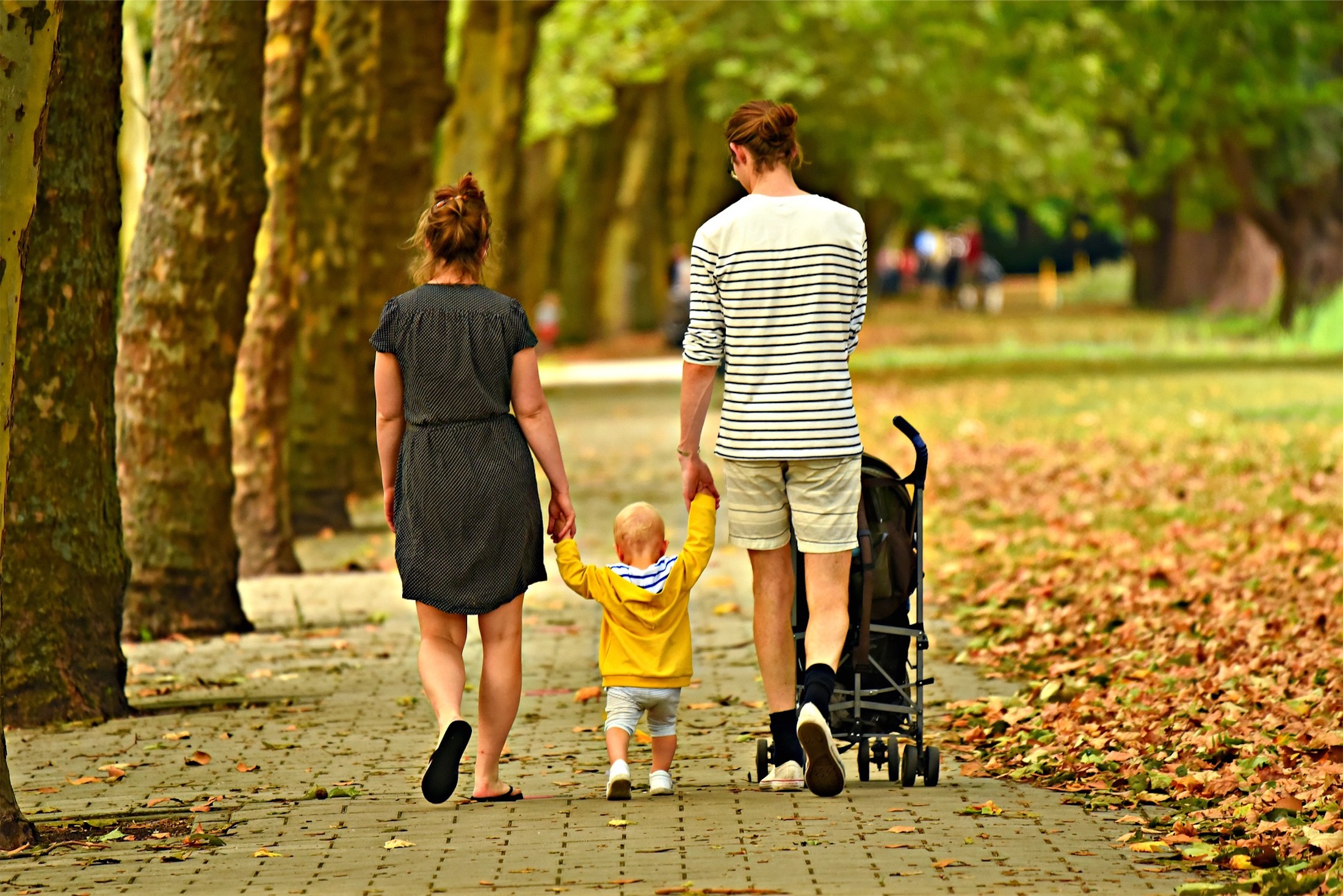 family walking through a park